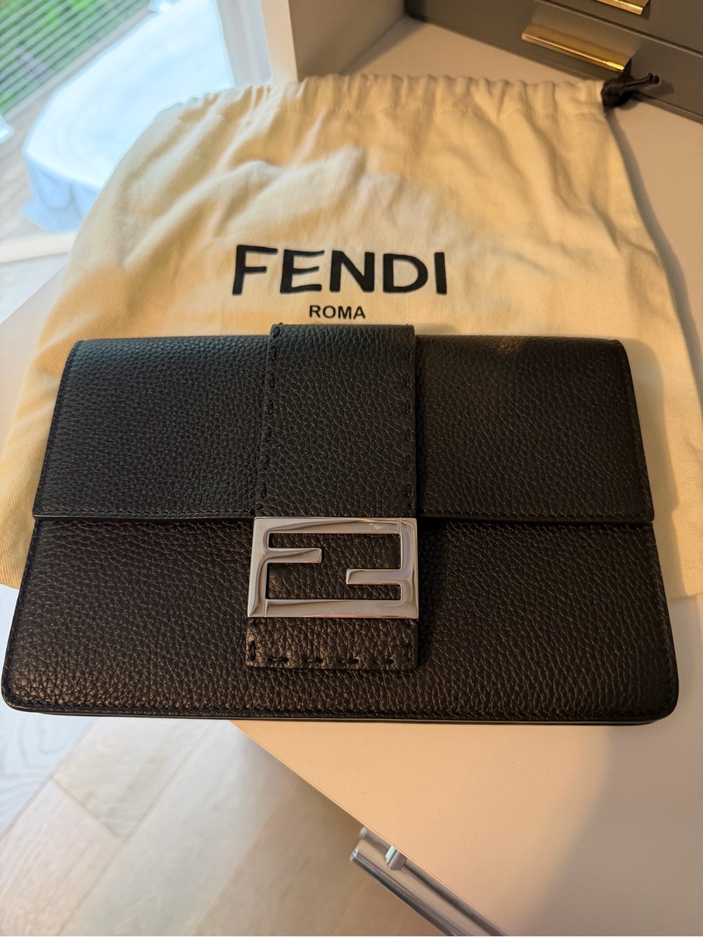 Fendi Black Leather Clutch with Silver FF Plaque